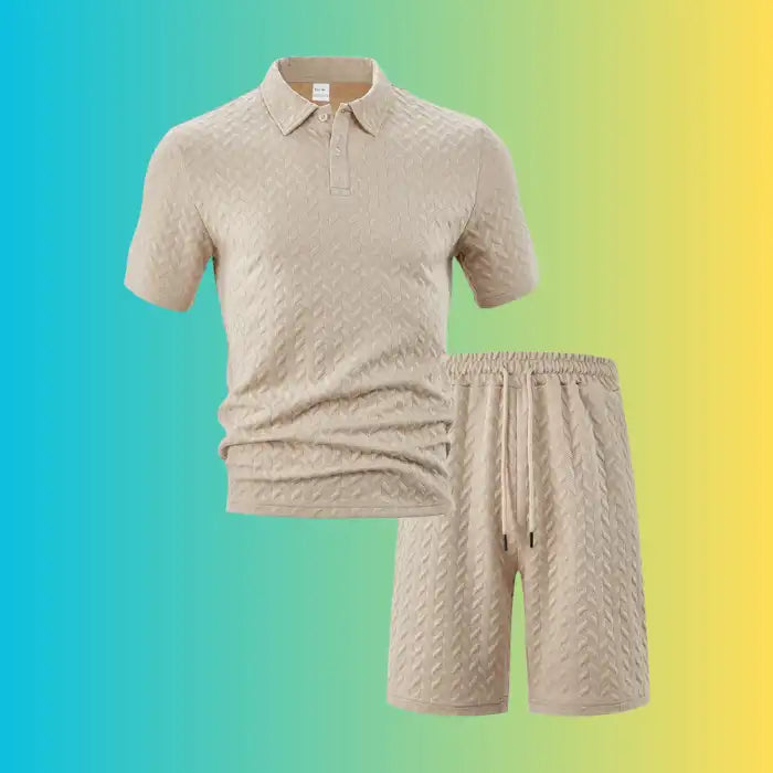  Beige textured polo shirt and shorts set for plus size men with a subtle chevron design