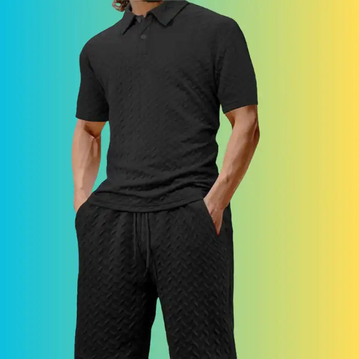 Textured polo shirt and shorts set for plus size men in black with a chevron pattern and casual fit