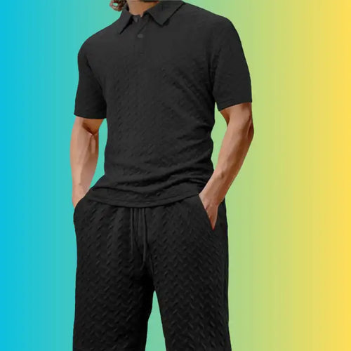  Textured polo shirt and shorts set for plus size men in black with a chevron pattern and casual fit
