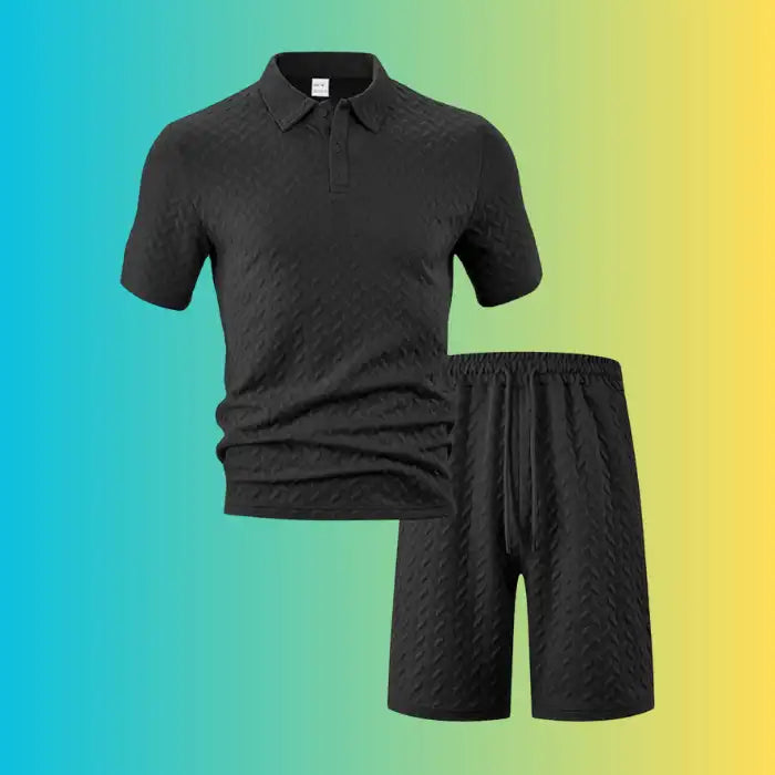 Textured black polo shirt and shorts set for plus size men shown flat without a model