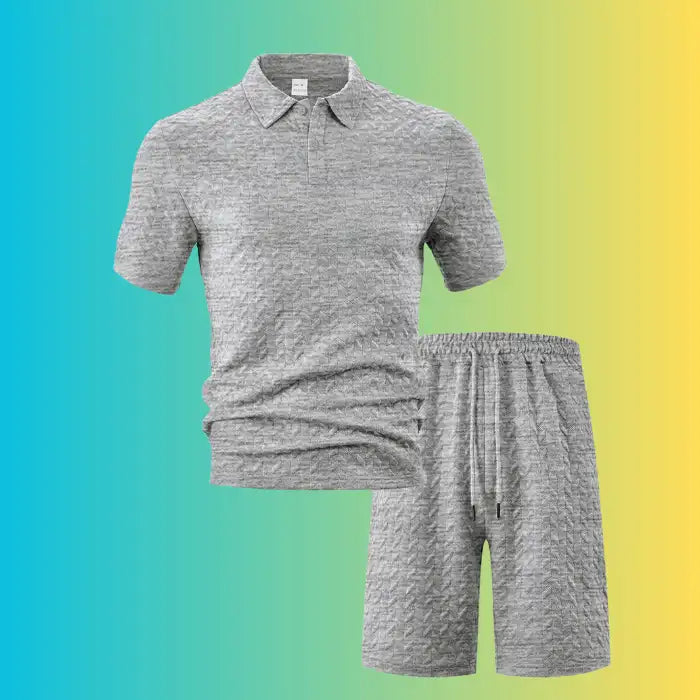 Gray textured polo shirt and shorts set for plus size men featuring a chevron knit pattern