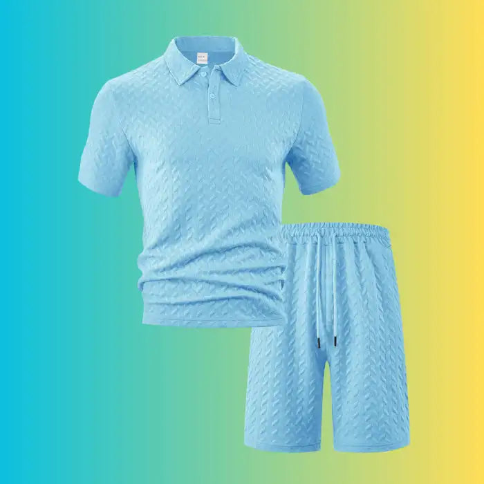 Light blue textured polo shirt and shorts set for plus size men made with chevron knit fabric