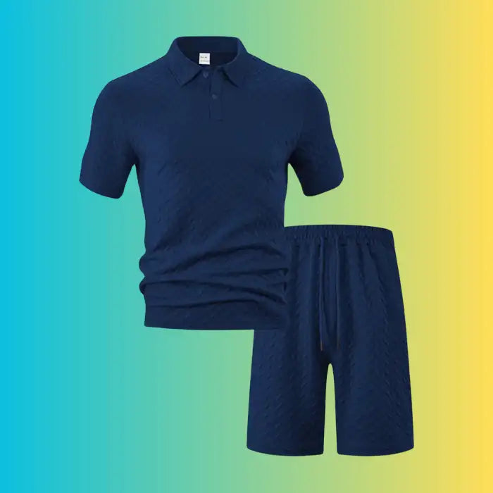 Navy blue textured polo shirt and shorts set for plus size men with a chevron textured fabric