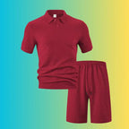 Textured polo shirt and shorts set for plus size men in red with a subtle chevron texture and casual style