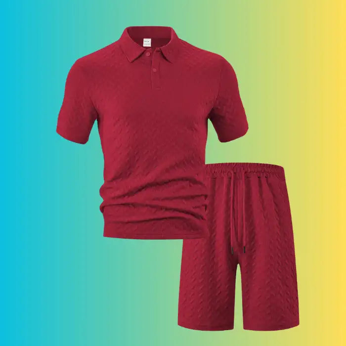 Textured polo shirt and shorts set for plus size men in red with a subtle chevron texture and casual style