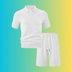 White textured polo shirt and shorts set for plus size men with a chevron pattern and relaxed fit