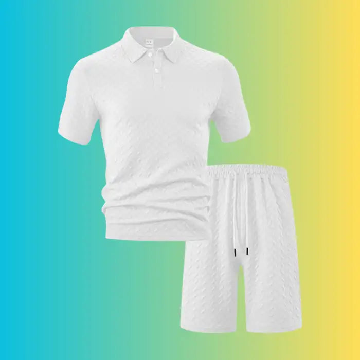 White textured polo shirt and shorts set for plus size men with a chevron pattern and relaxed fit