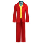 The Jocker Halloween costume full front view with red jacket, yellow vest, and green patterned shirt