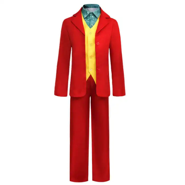The Jocker Halloween costume full front view with red jacket, yellow vest, and green patterned shirt