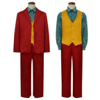 The Jocker Halloween costume set with red suit, yellow vest, and green shirt front and back view