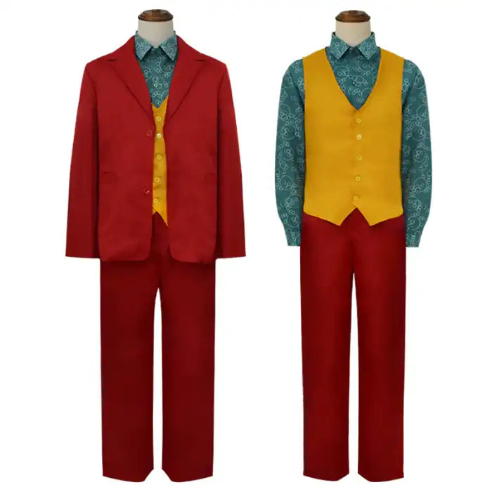 The Jocker Halloween costume set with red suit, yellow vest, and green shirt front and back view