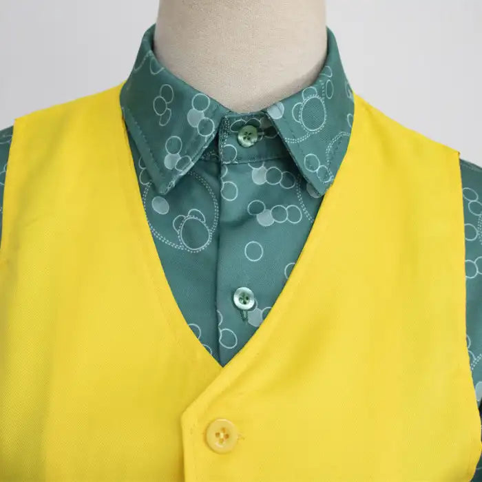 The Jocker Halloween costume close-up of green shirt with circular pattern and yellow vest buttons