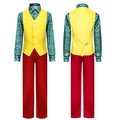 The Jocker Halloween costume front and back views of yellow vest with red pants and green patterned shirt