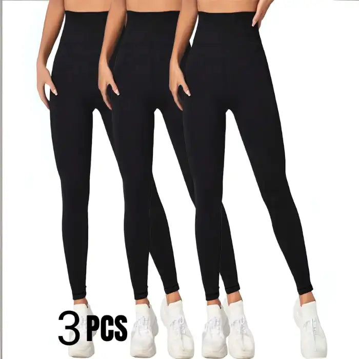 3-pack of black Thermal Yoga Leggings with high-waisted design and slimming compression support.