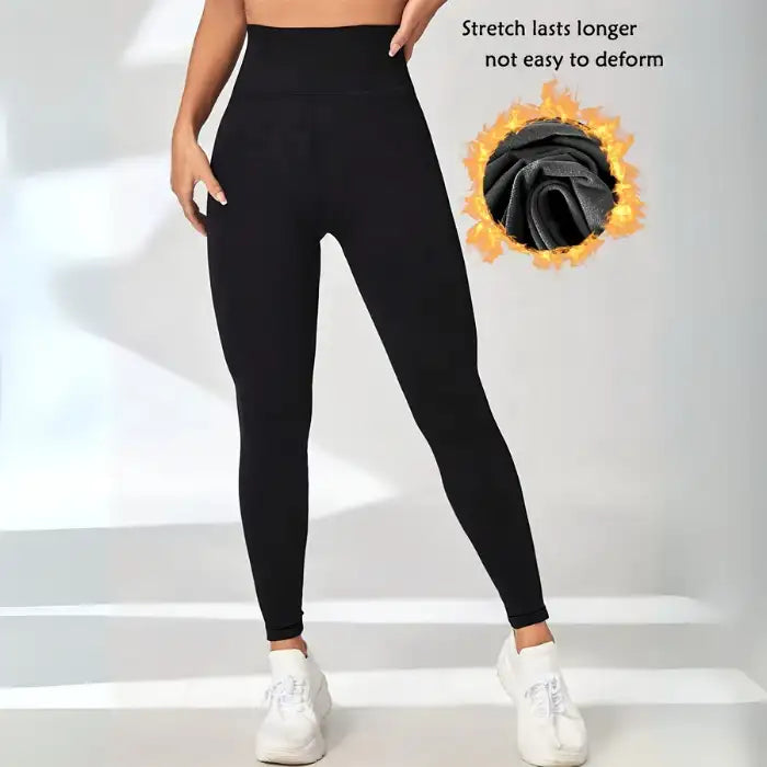 Thermal Yoga Leggings with flame graphic highlighting long-lasting stretch and shape retention.