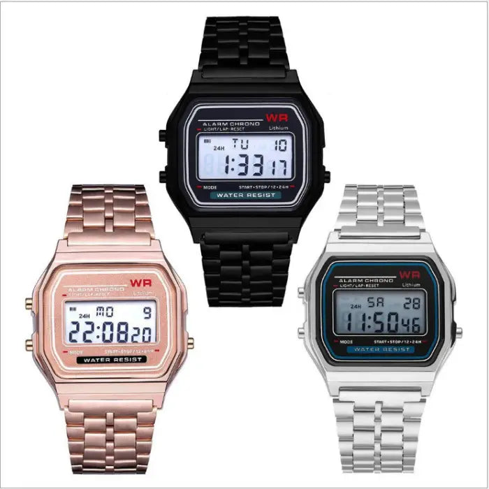 Comparison of three digital watches in rose gold, black, and silver, featuring alarm and water resistance.