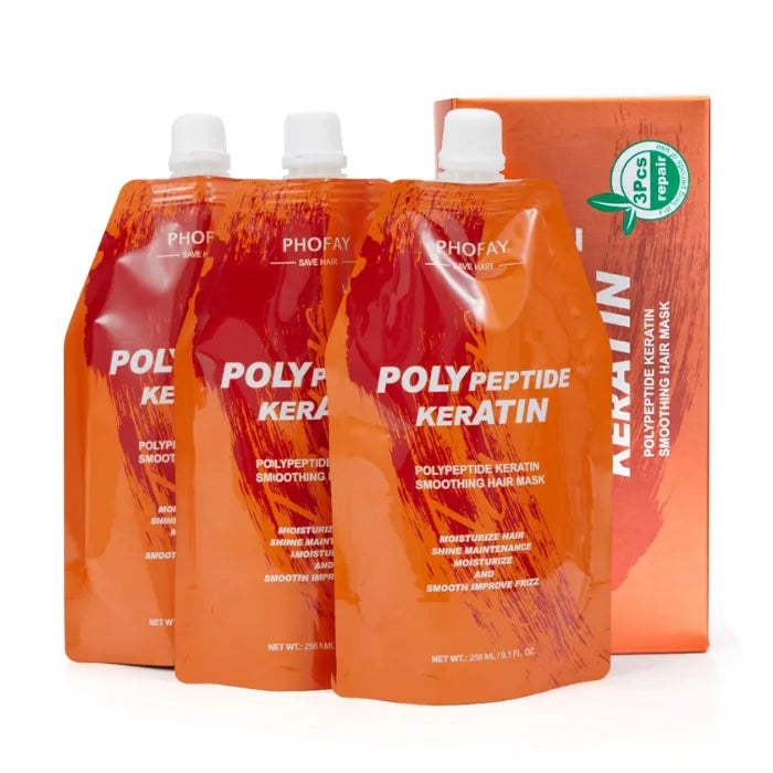 Trio of Phofay Poly Peptide Keratin pouches beside their box.