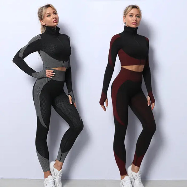 Three-piece seamless yoga set for women in black-gray and black-burgundy combos with contouring style.