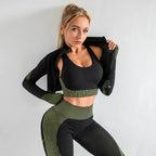  Three-piece seamless yoga set for women in black and green with zip-up jacket and leggings.