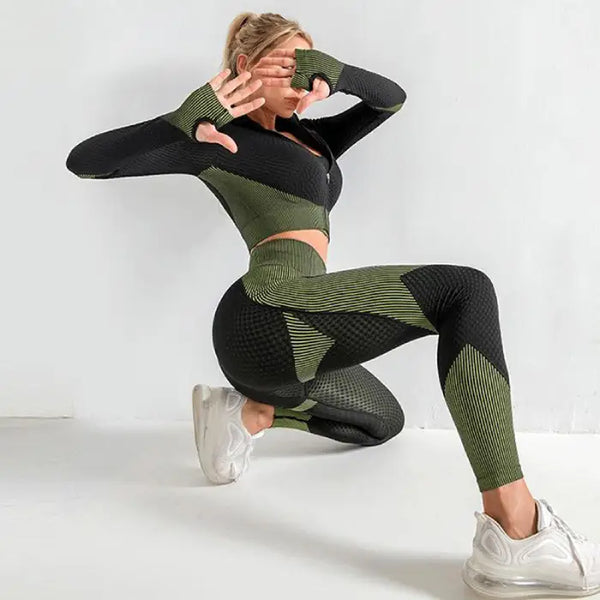Three-piece seamless yoga set for women in green and black, shown in squatting fitness pose.