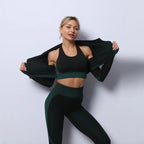 Three-piece seamless yoga set for women in black and teal, front-open style jacket.