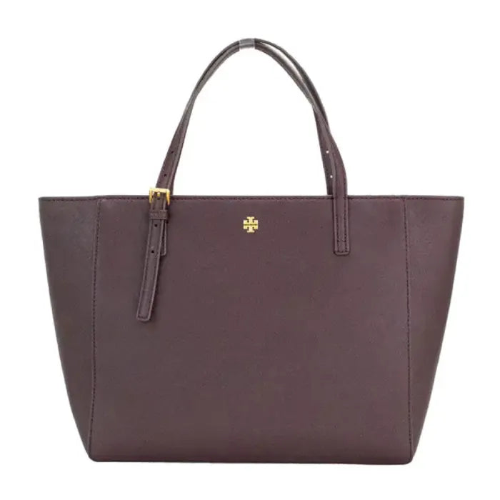 Tory Burch Emerson brown leather tote with gold logo, featuring a sleek design and adjustable handles.