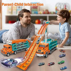 Toy car carrier track playset with child and parent racing cars down orange launch ramp
