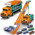 Toy car carrier set with launch ramp, orange trucks, and colorful racing cars on display and in action
