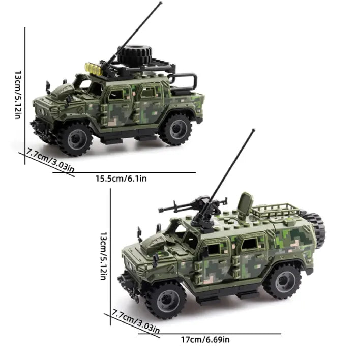 Green military toy vehicle with detailed dimensions showing a length of 17cm and height of 13cm.