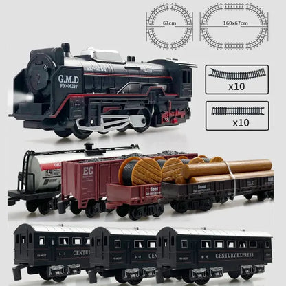 Detailed view of toy train set with accessories, including cargo cars, tracks, and layout dimensions.