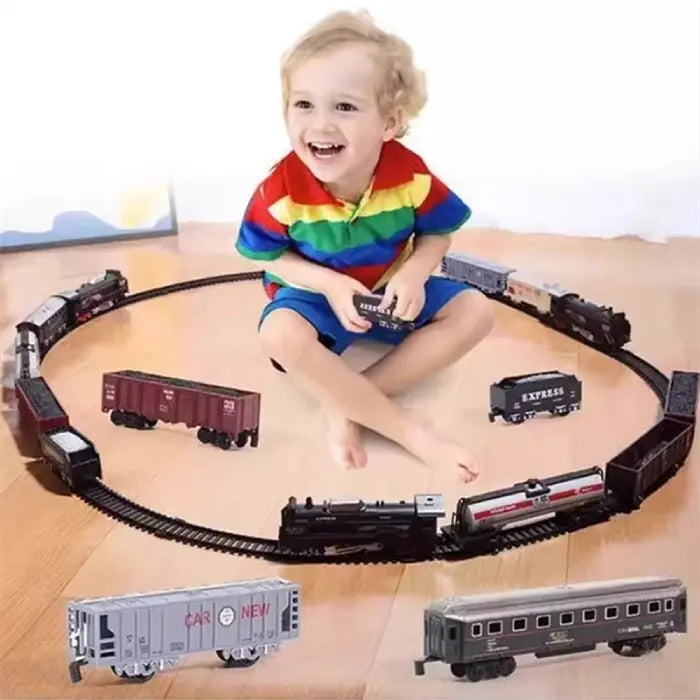 Child playing with a colorful toy train set on a circular track, featuring cargo and passenger cars.