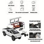 Toy vehicle set with alloy pickup truck, RV camper, and quad bike featuring lights, sound, and pull-back action.