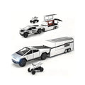 Toy vehicle set featuring pickup truck, RV camper, and detachable cyberquad with opening doors and detailed design.