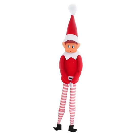 Classic red-suited elf doll with candy-striped legs and white collar sitting decoration