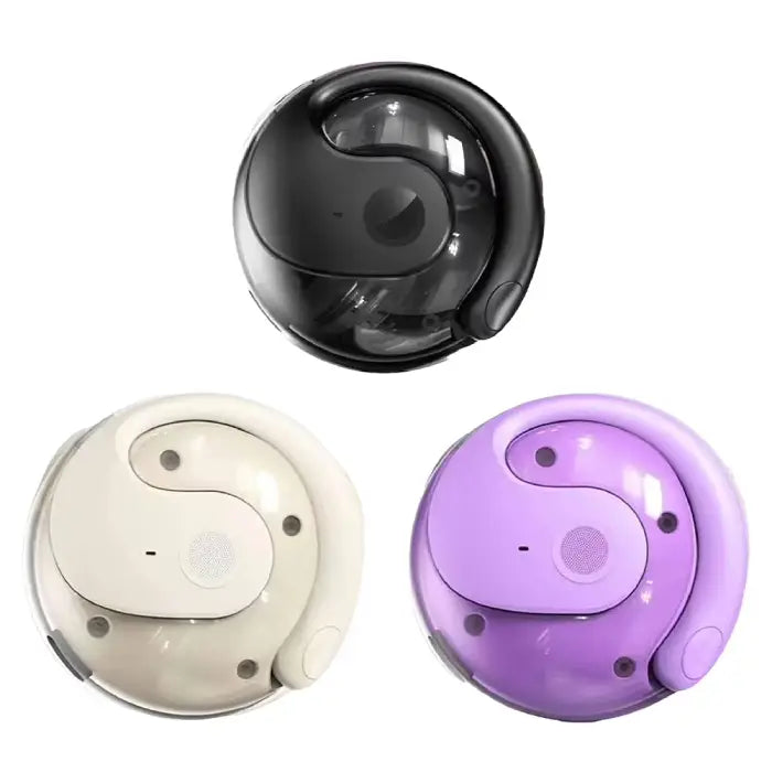 Translator earphone charging cases in three colors: black, white, and purple, showing curved yin-yang design