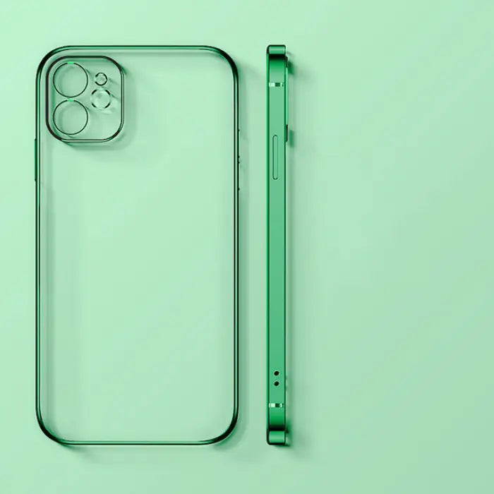 Minimalist transparent green phone case design showcasing sleek edges and camera cutout in bright light.