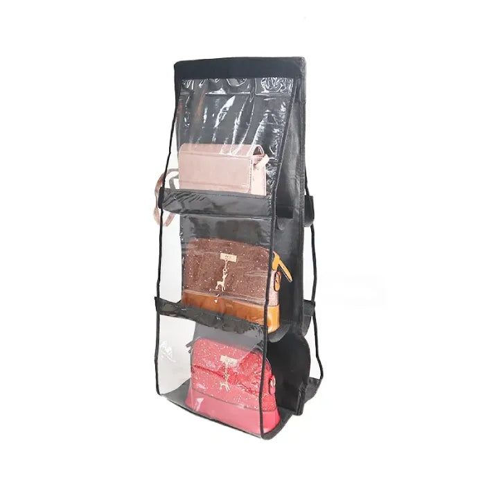 Black hanging organizer with purses in clear pockets.