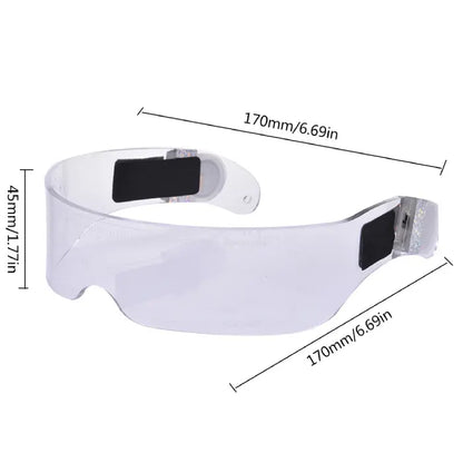 Transparent LED glasses with dimensions of 170mm by 45mm, featuring a lightweight design.