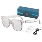 Transparent smart glasses with white frame, displayed with box and cable.