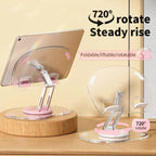 Transparent tablet stand with foldable, liftable, and 720° rotatable design for optimal viewing setup.