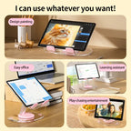 Transparent tablet stand used for drawing, office, learning, and video watching across different settings.