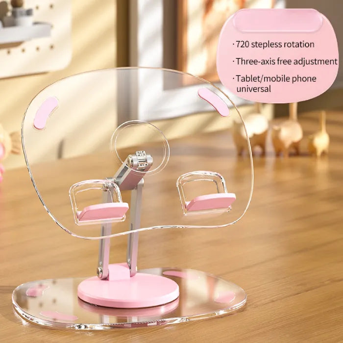 Transparent tablet stand with 720° rotation, adjustable arms, and universal compatibility with tablets.