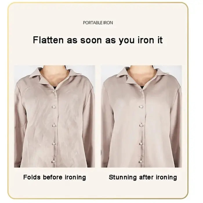 Travel steamer results shown with before and after shirt comparison—smooth, wrinkle-free finish instantly.