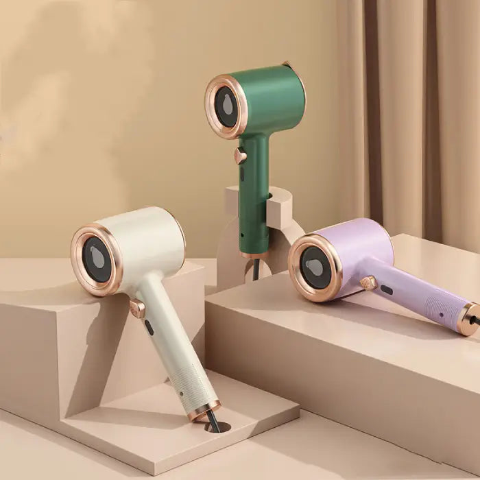 Travel steamers displayed in off white, dark green, and purple colors on beige platforms.
