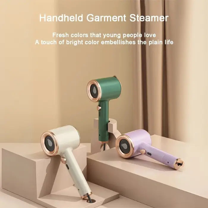 Travel steamer available in trendy green, lavender, and white colors, designed for modern travel convenience.

