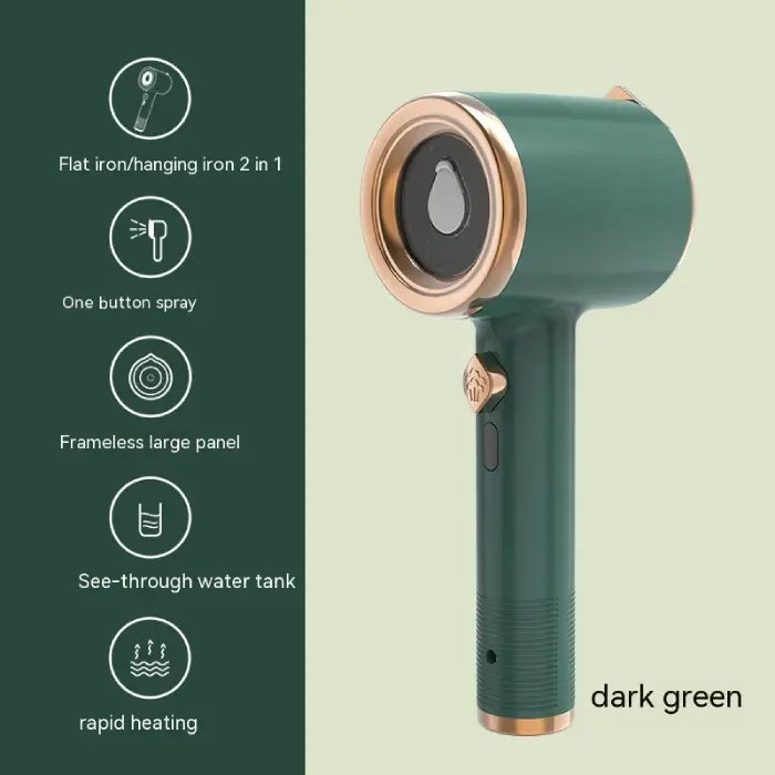 Dark green travel steamer with gold trim showing flat iron, spray, and heating features.