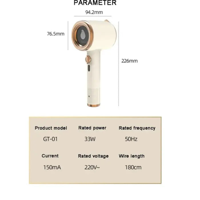 Travel steamer technical specs showing height, width, power rating, voltage, and cable length.
