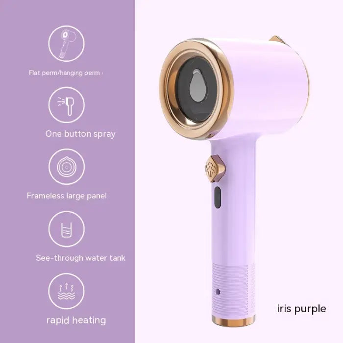 Travel steamer in iris purple color with gold accents and spray button for wrinkle removal.