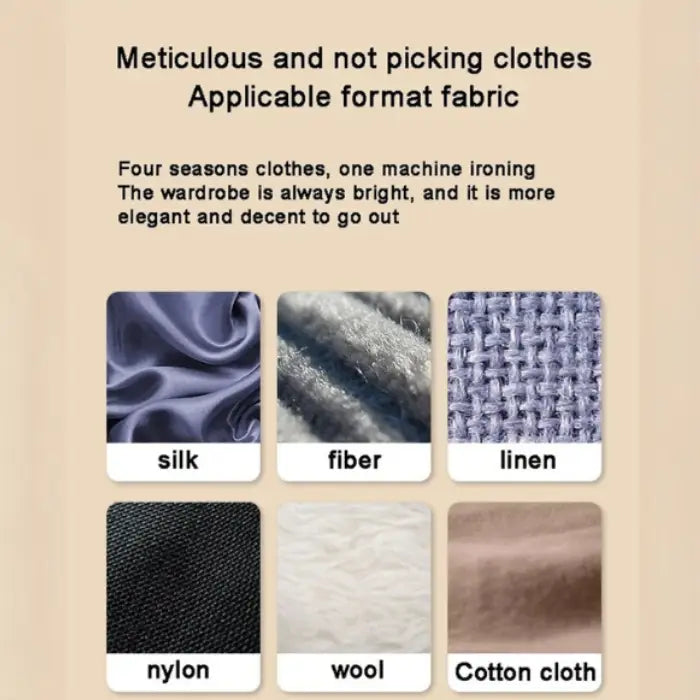 Travel steamer compatible with silk, wool, nylon, cotton, fiber, and linen fabrics for all seasons.