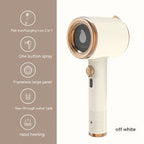  Off white travel steamer with see-through water tank, frameless panel, and steam button.